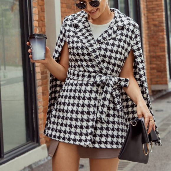 Classic Black White Houndstooth Cape Jacket Minimalist - Picture 4 of 5
